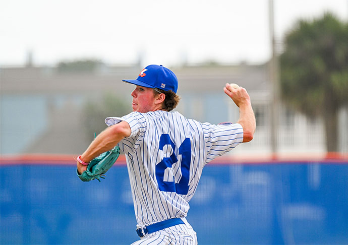 Galveston College freshman right-handed pitcher Zachary Fetchel throws a pitch during a game against Blinn College on April 18, 2024, at Bernard Davis Field in Galveston. (COURTESY PHOTO) 