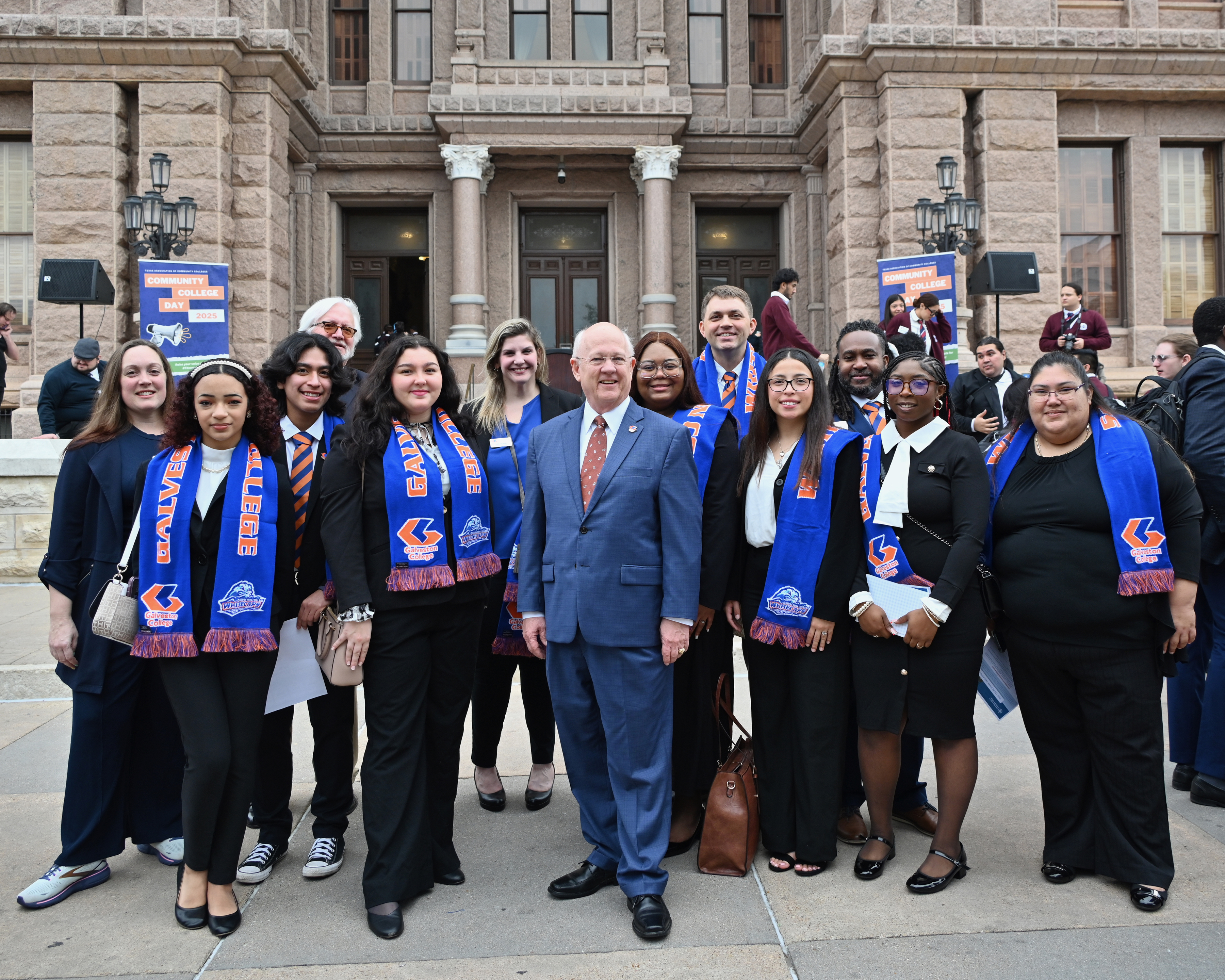 The Galveston College delegation stands on the south steps of the Texas State Capitol during Community College Day at the Capitol on Feb. 3, 2025, in Austin. GC delegates, from left, Laura Gettman, Amirah Salahuddin, Jaime Villamil, Don Davison, Sweetly Musick, Mallory Castillo, GC President, W. Myles, Shelton, Ed.D., Alicia Ann Fletcher, Floyd Holder IV, Triniti Mendoza, Junior Garcia, Tenia Grissom and Lydia Ybarra.