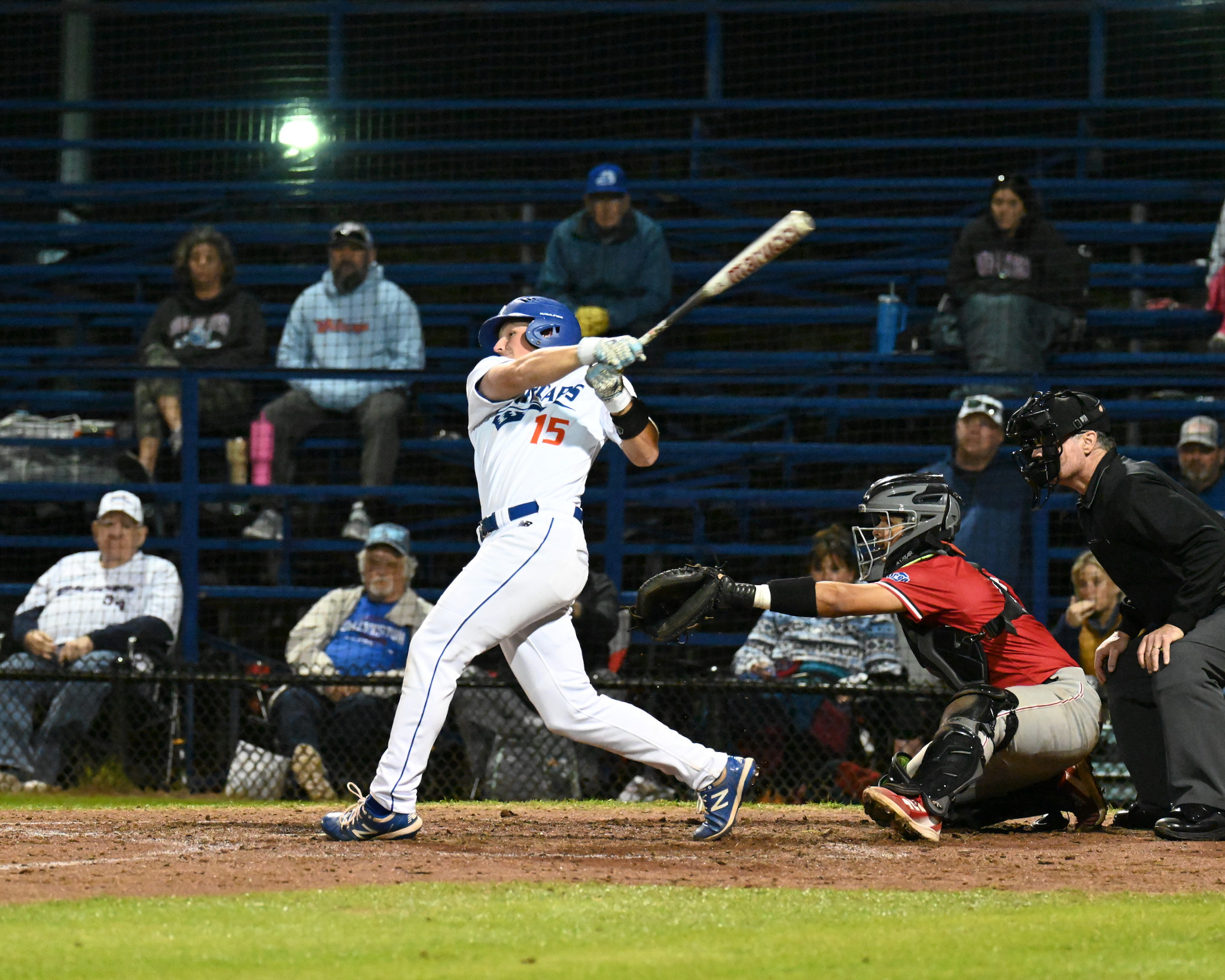 Galveston College Whitecaps sophomore infielder Jacob Bulcroft swings at a pitcher during a game against Alvin Community College on Feb. 27, 2025, at Bernard Davis Field in Galveston.