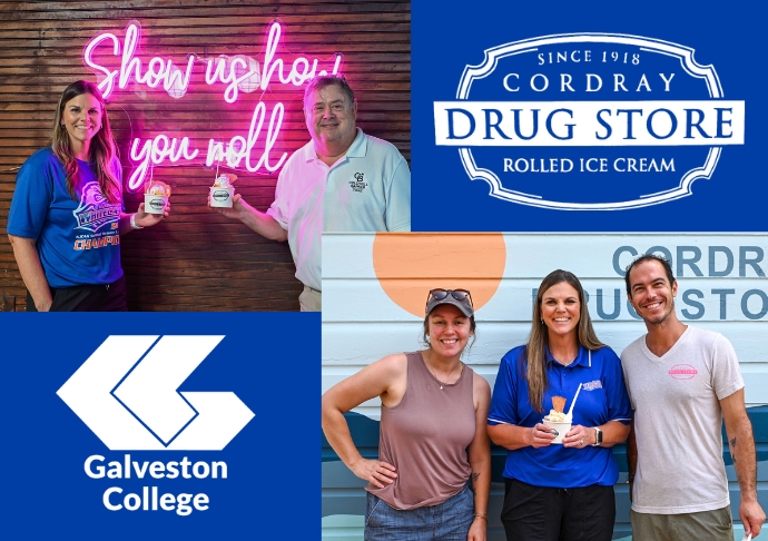 Galveston College and Cordray Drug Store Logos overlaid with pictures of people with icecream