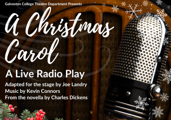Flyer for A Christmas Carol with a microphone and snowflakes.
