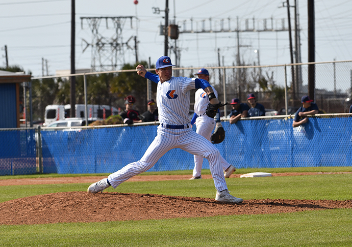 Galveston College righthanded pitcher Nate Campbell warms up during the opening game of the Tournament of Champions against Wabash Valley College on Friday, Feb. 10, 2023 at Bernard Davis Field in Galveston, Texas.