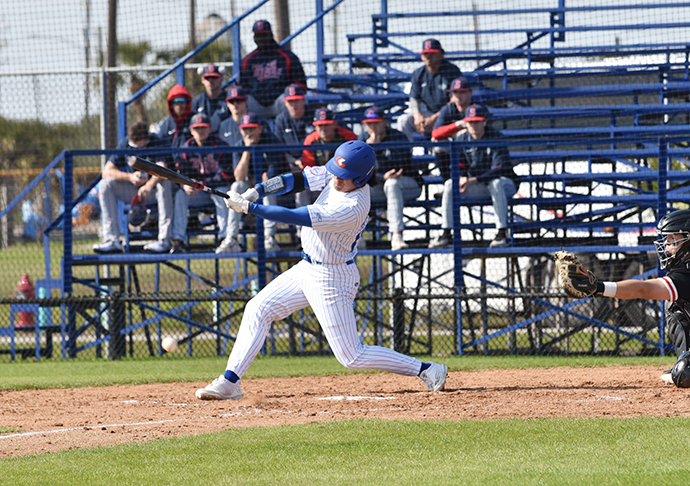 Galveston College sophomore outfielder R.J. Patrick takes a swing during a Feb. 10, 2023 home game against Wabash Valley College. The Whitecaps host the Island Tournament this weekend at Bernard Davis Field in Galveston. (Courtesy Photo)