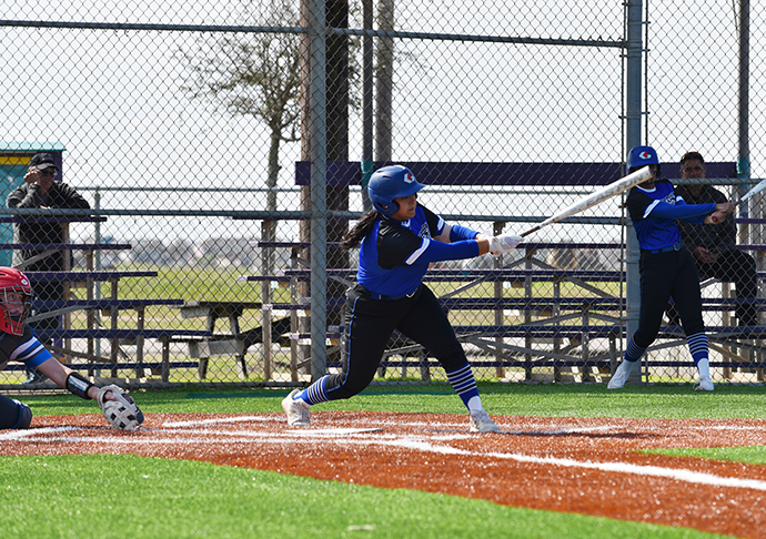 Galveston College righthanded pitcher Gabby Guzman takes a swing during the Whitecaps softball game against Hill College on Friday, Feb. 10, 2023 at the Lassie League Complex in Galveston.