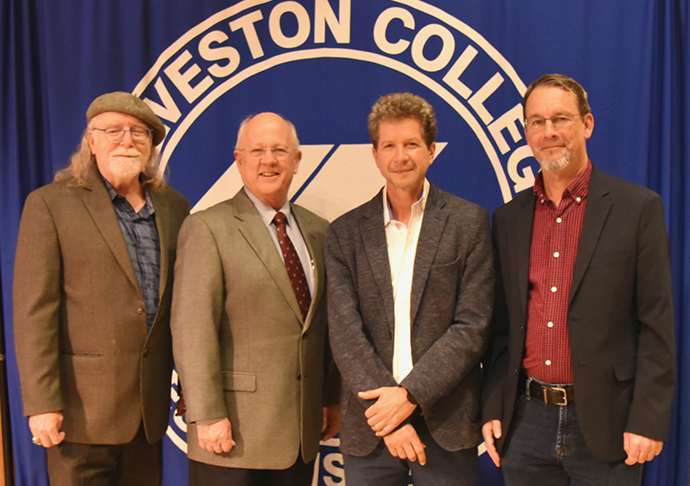 UC-Davis History Professor, Andrés Reséndez, Ph.D., presented during the “My Dream Speaker” Lecture Series on Feb. 9, 2023 at the Galveston College Seibel Wing. From left, GC Assistant Professor of English, Michael Berberich, GC President, W. Myles Shelton, Ed.D., Reséndez, Ph.D., and GC Associate Professor of Chemistry, Laimutis Bytautas, Ph.D.
