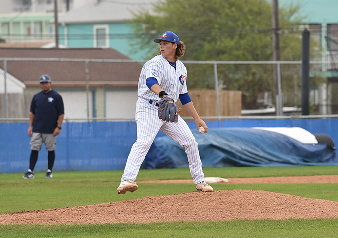 Galveston College Whitecaps lefthanded pitcher Noah Torres throws a pitch during a game against Coastal Bend College on March 2, 2023 at Bernard Davis Field.
