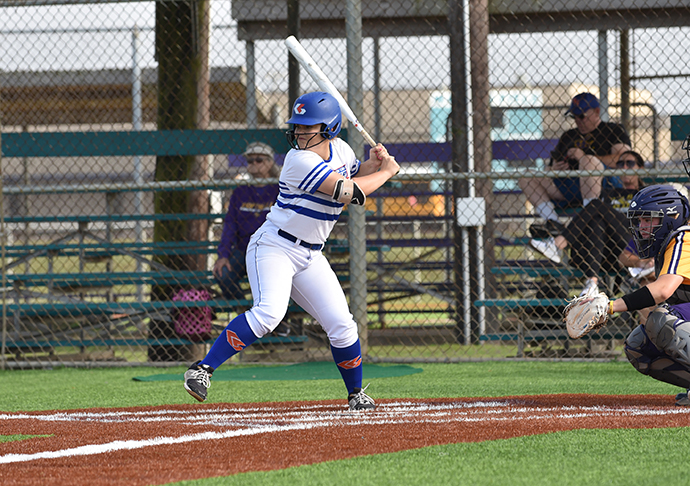 Galveston College Whitecaps freshman pitcher/first baseman Karlie Barba bats against Louisiana State University-Eunice in the first game of a doubleheader on March 8, 2023 at the Lassie League Complex in Galveston.