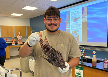 Galveston College STEM Discovery Seminar students dissect lionfish that were removed during the Flower Garden Banks National Marine Sanctuar Lionfish Invitational, a scientific effort to document the invasive lionfish situation in the sanctuary and remove as many as possible.