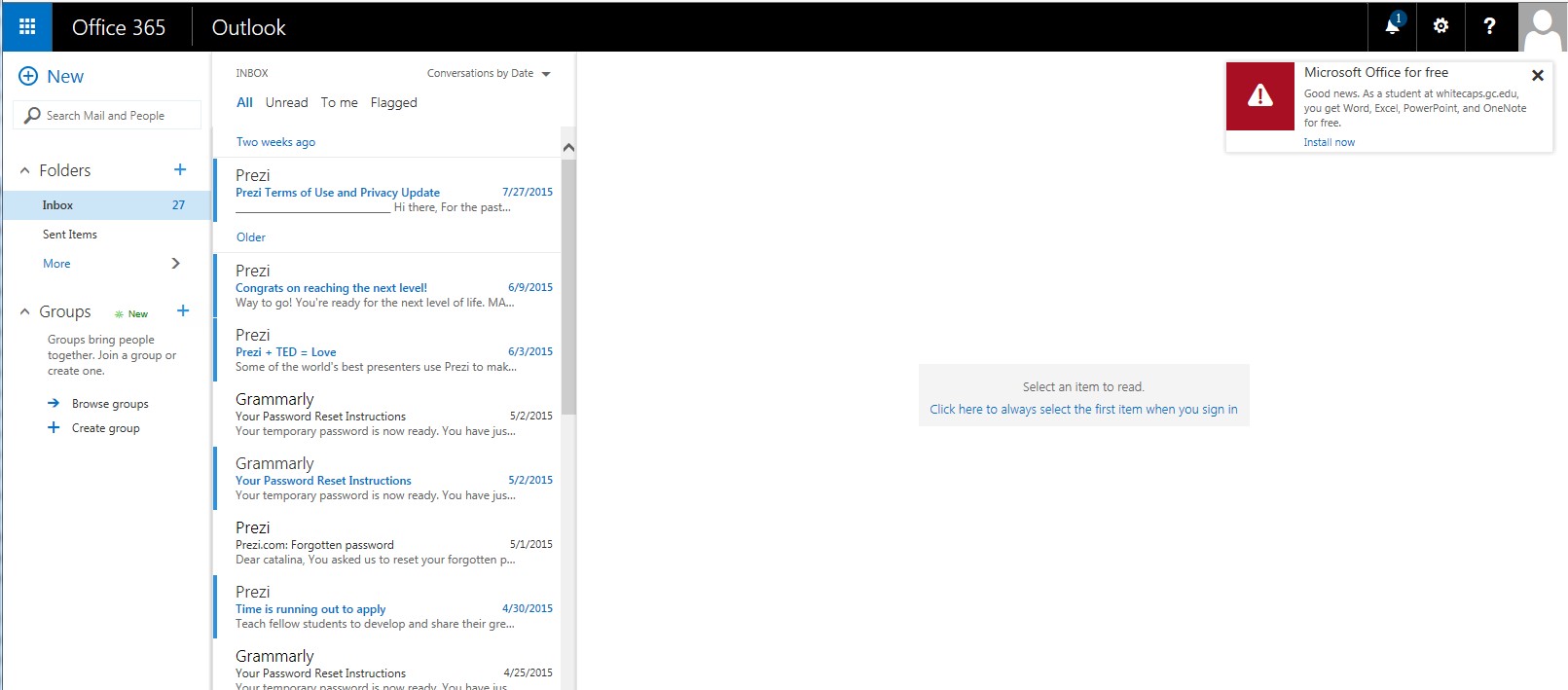 Office 365 Email In-Box