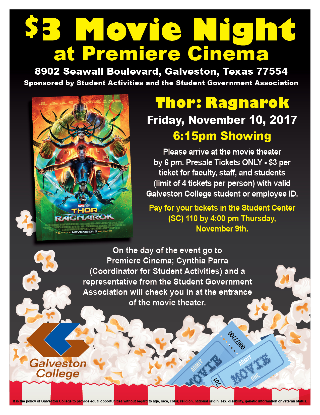 Galveston College – $3 Movie Night at Premiere Cinema